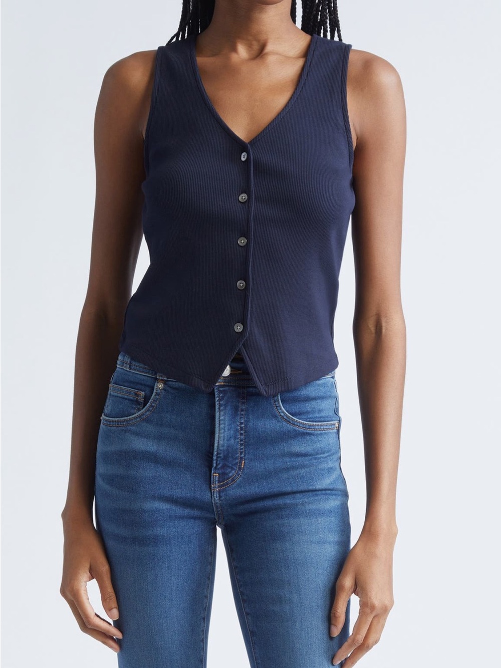 Veronica Beard Hoorne Ribbed Vest Tank Top Navy Blue Size XS Button Front